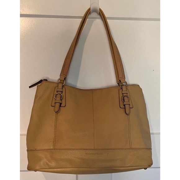 Tignanello Womens Satchel Handbag Beige Leather Square Dual Handle Purse L‎ - Picture 1 of 10